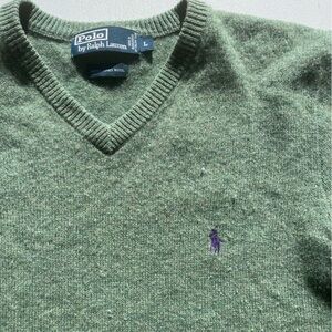 Men's Polo Ralph Lauren Sweatshirt Green Pony L V-Neck Wool Preppy Dad Classic